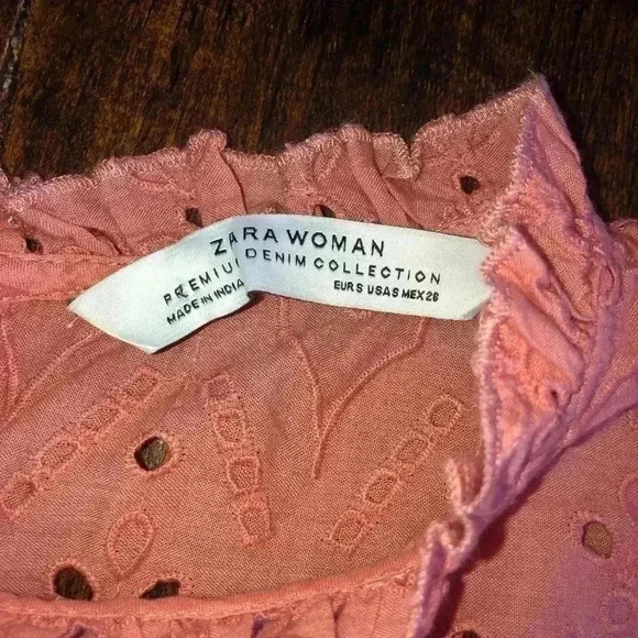 ZARA | Salmon Pink Eyelet Blouse with Ruffle Neckline - Picture 4 of 5